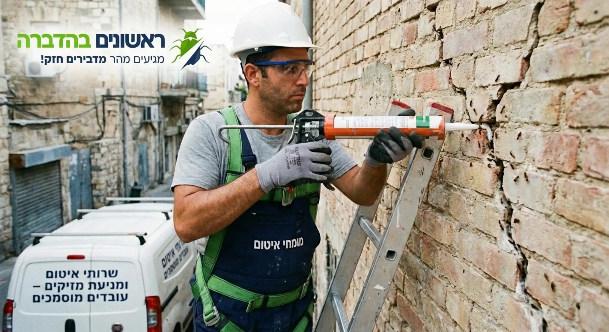 תמונה של איש מקצוע מבצע איטום סדקים בקיר חיצוני כחלק מפעולת מניעת מזיקים