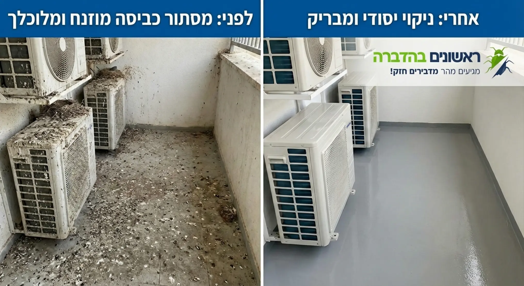 תמונה של מסתור כביסה מוזנח מלא בלשלשת יונים על המנועים של המזגן ועל הרצפה, ולצדו תמונה של אותו מסתור לאחר ניקוי יסודי ומבריק