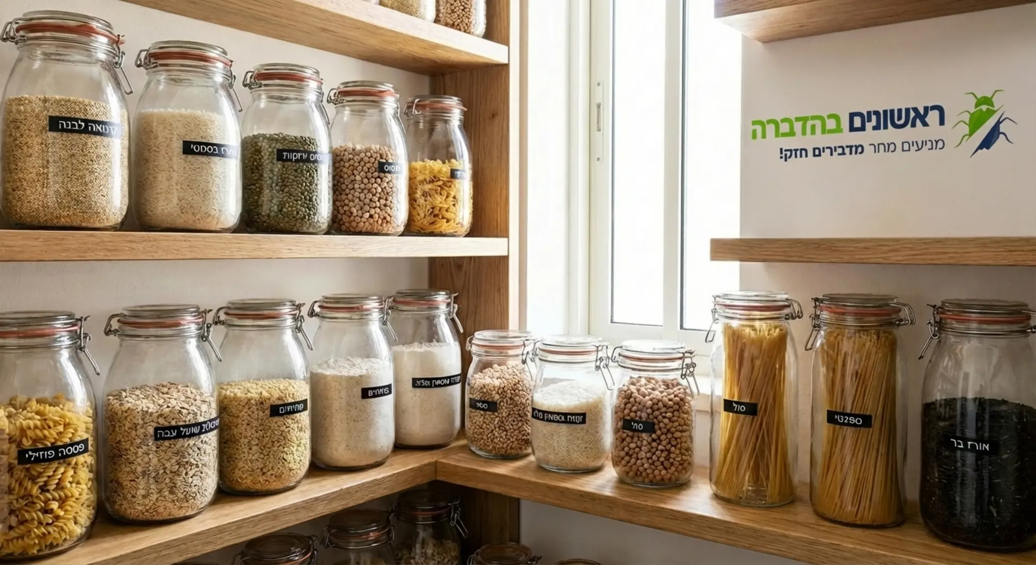 תמונה מוארת ואסתטית של מזווה מסודר להפליא, בו כל הדגנים, האורז, הקטניות והפסטה מאוחסנים בצנצנות זכוכית עבות בעלות סגירה הרמטית ופס גומי לאטימה מוחלטת