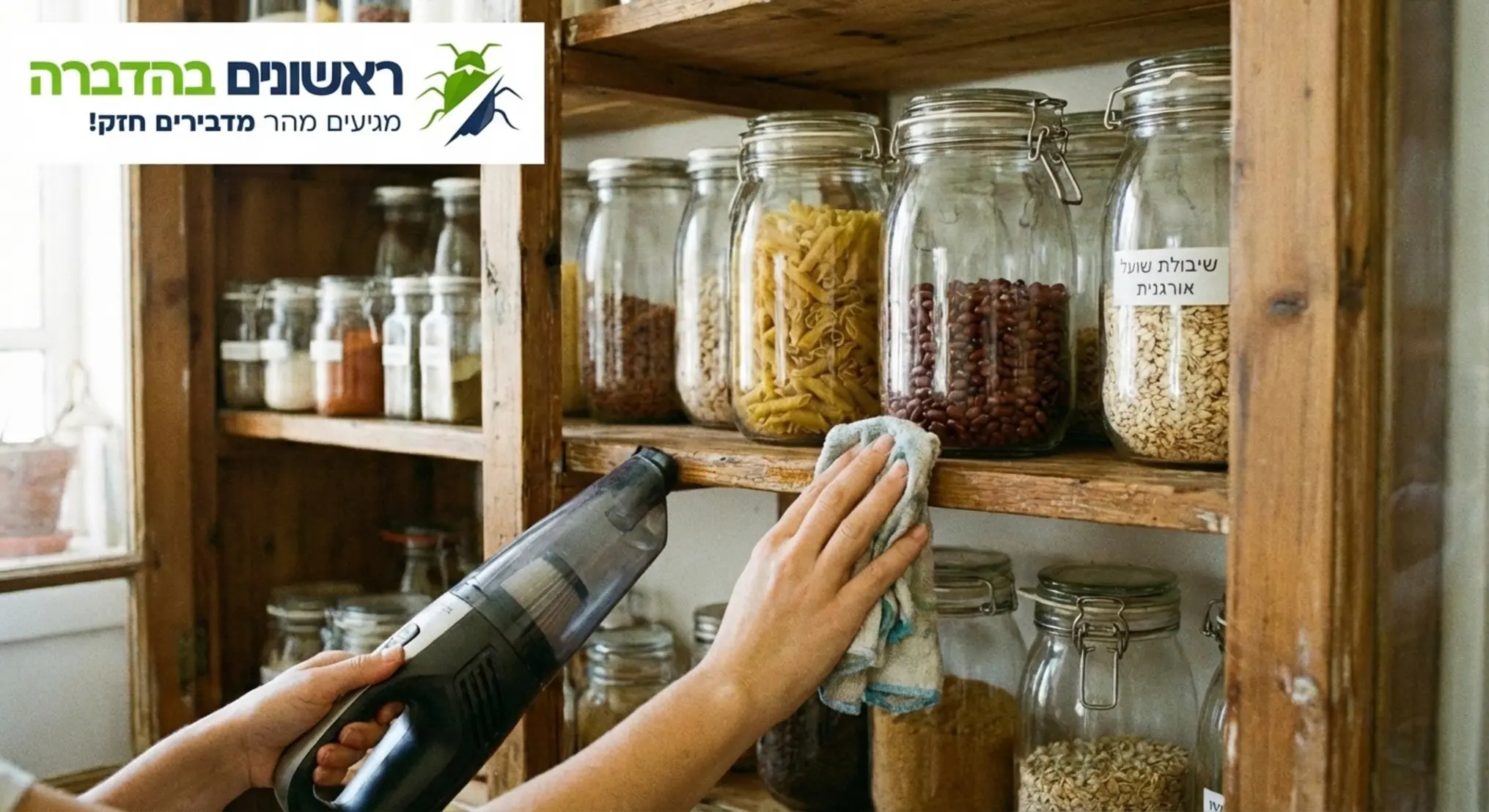 צילום תקריב של אדם מנקה מדפי מזווה מעץ באמצעות מטלית לחה ושואב אבק קטן, כאשר ברקע ניתן לראות צנצנות זכוכית שקופות ונקיות