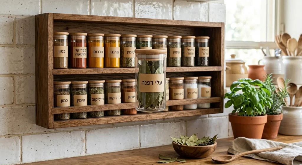 מדף תבלינים מסודר עם עלי דפנה.