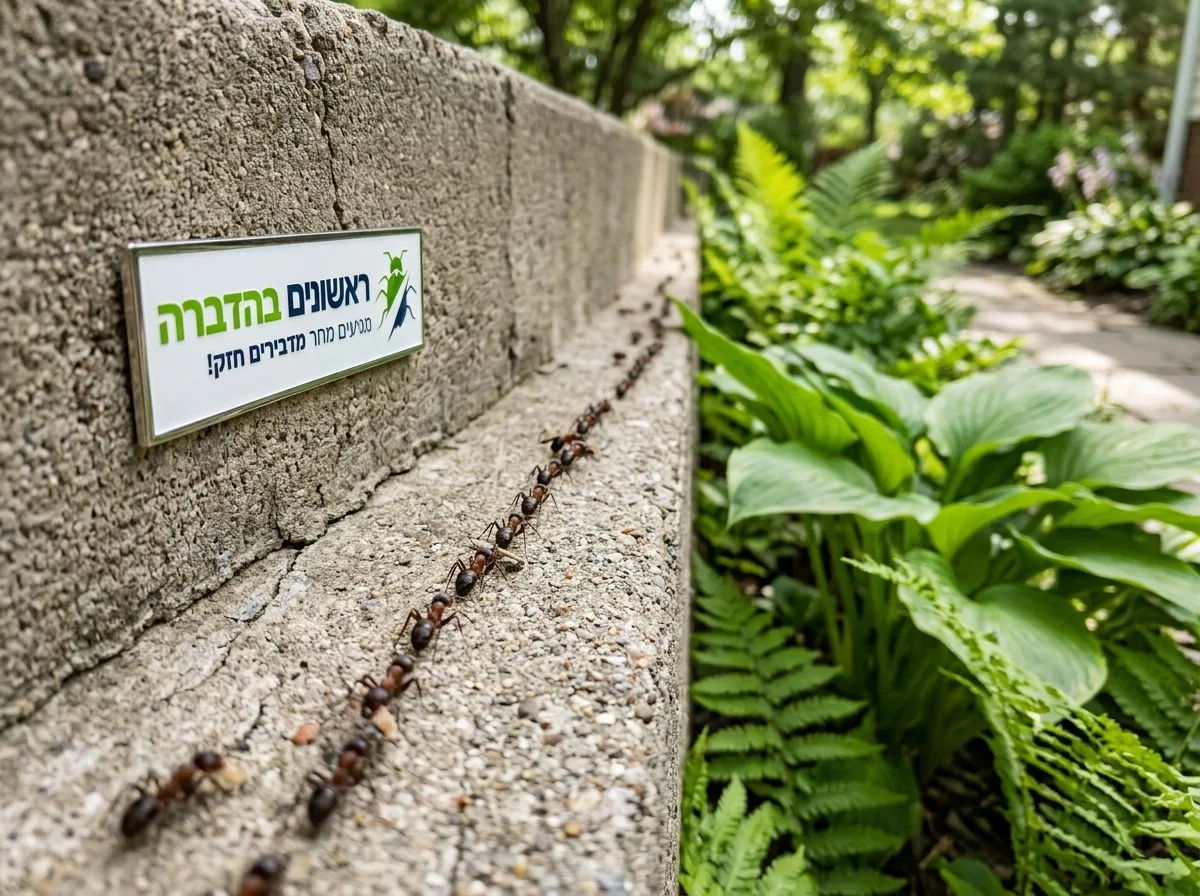 צילום מציאותי של שביל נמלים צועדות על חומת בטון בגינה ליד צמחייה ירוקה, תאורת יום טבעית, פוקוס עמוק על הנמלים מתקדמות בשיירה מסודרת.