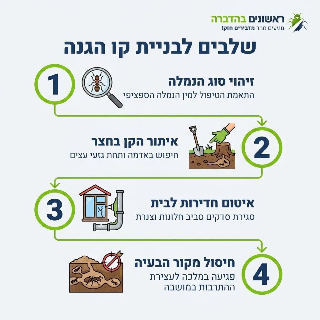 אינפוגרפיקה — שלבים לבניית קו הגנה: זיהוי סוג הנמלה, איתור הקן בחצר, איטום חדירות לבית, חיסול מקור הבעיה