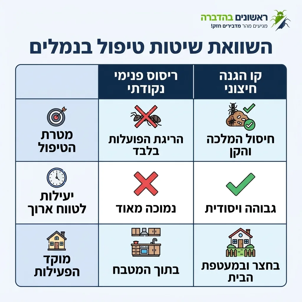 אינפוגרפיקה — השוואת שיטות טיפול בנמלים: השוואה בין ריסוס פנימי נקודתי, קו הגנה חיצוני