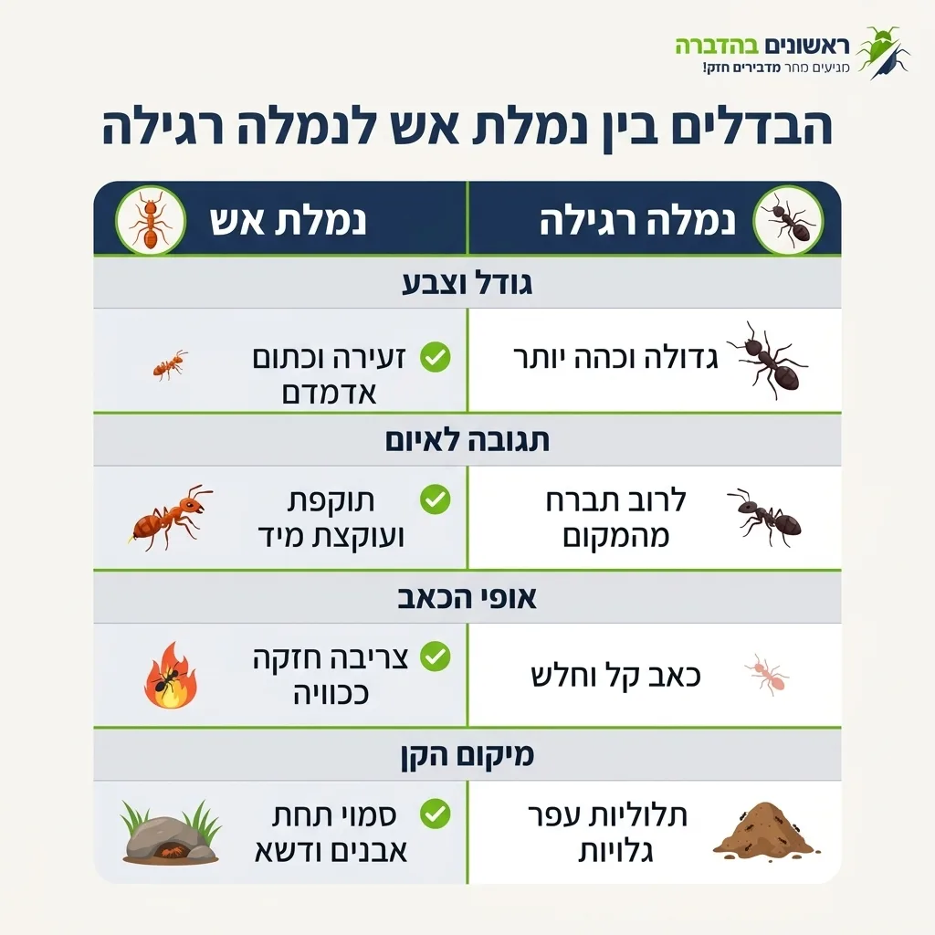 אינפוגרפיקה — הבדלים בין נמלת אש לנמלה רגילה: השוואה בין נמלת אש, נמלה רגילה