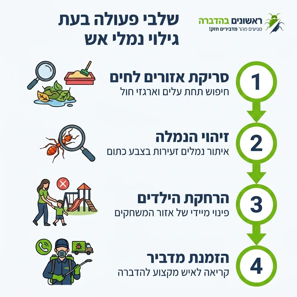 אינפוגרפיקה — שלבי פעולה בעת גילוי נמלי אש: סריקת אזורים לחים, זיהוי הנמלה, הרחקת הילדים, הזמנת מדביר