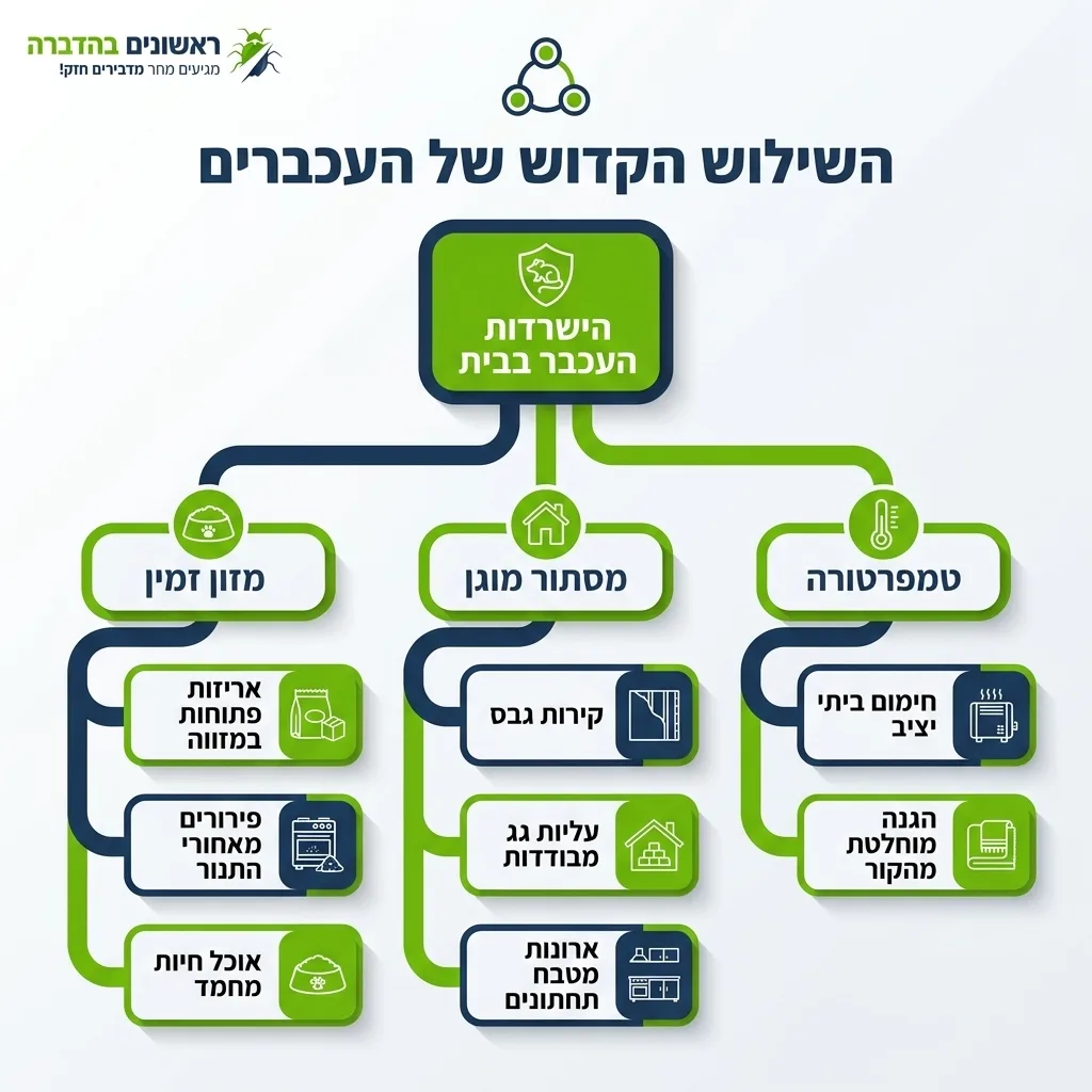 אינפוגרפיקה — השילוש הקדוש של העכברים: הישרדות העכבר בבית