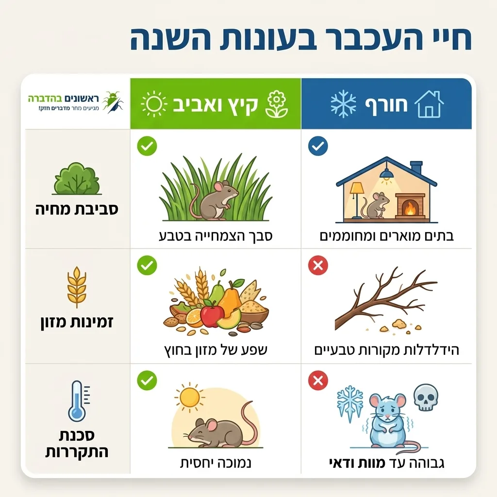 אינפוגרפיקה — חיי העכבר בעונות השנה: השוואה בין חודשי הקיץ והאביב, חודשי החורף
