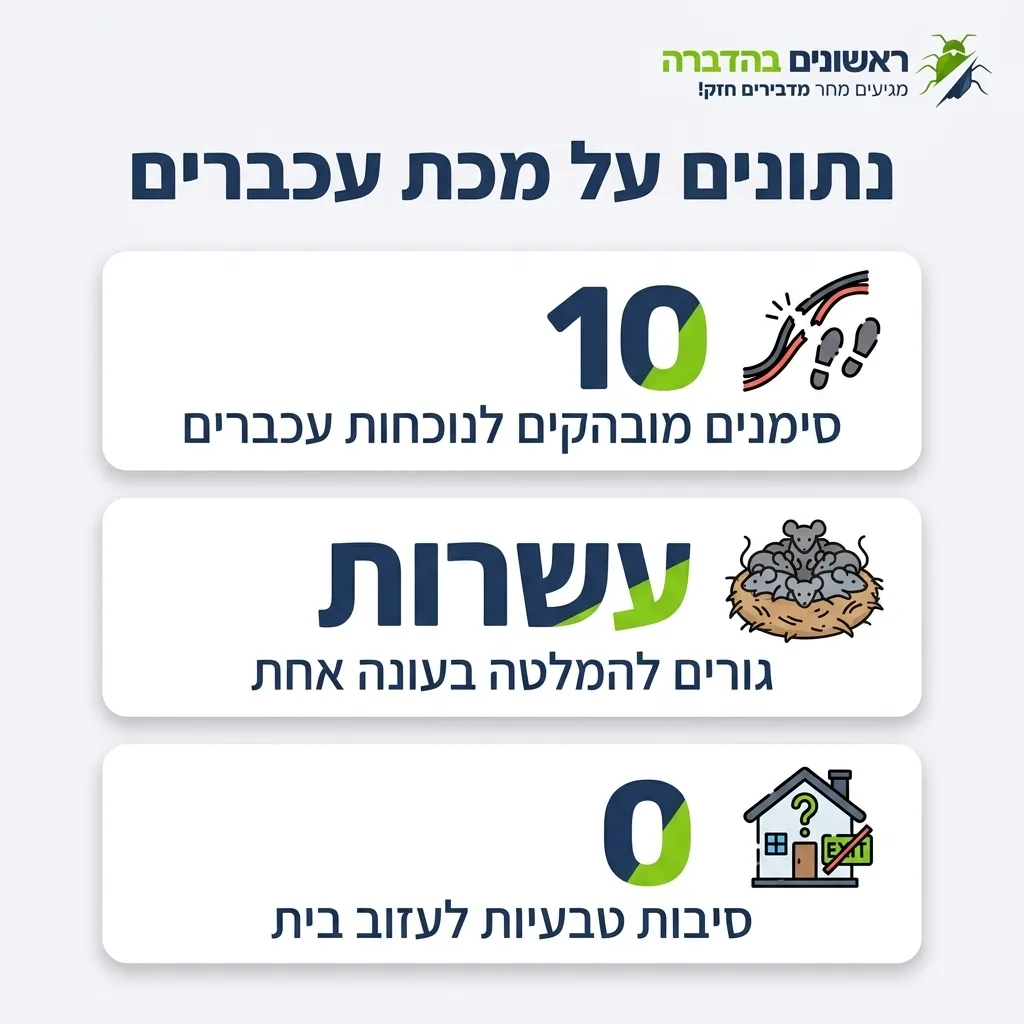 אינפוגרפיקה — נתונים על מכת עכברים: סימנים מובהקים לנוכחות עכברים, גורים להמלטה בעונה אחת, סיבות טבעיות לעזוב בית