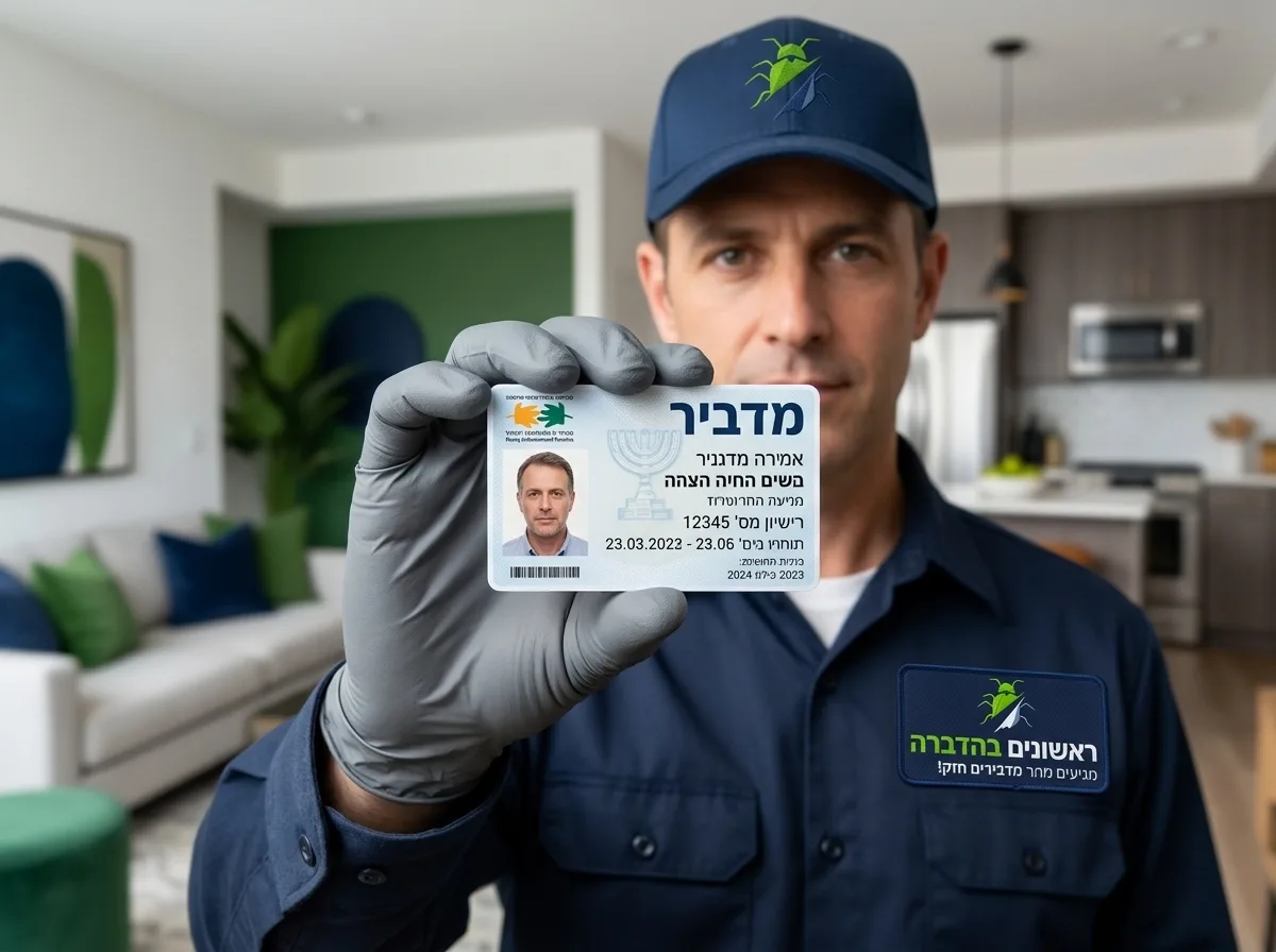 צילום תקריב פוטו-ריאליסטי של יד של מדביר הלובש כפפה מקצועית ומציג תעודת רישיון מדביר רשמית של המשרד להגנת הסביבה עם תמונה ופרטים, ברקע דירת מגורים מטושטשת מעט, תאורה טבעית ופוקוס חד על התעודה
