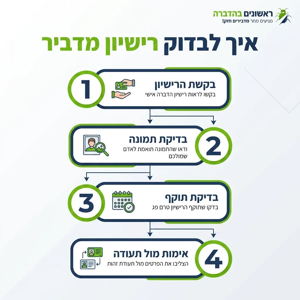 אינפוגרפיקה — איך לבדוק רישיון מדביר: בקשת הרישיון, בדיקת תמונה, בדיקת תוקף, אימות מול תעודה