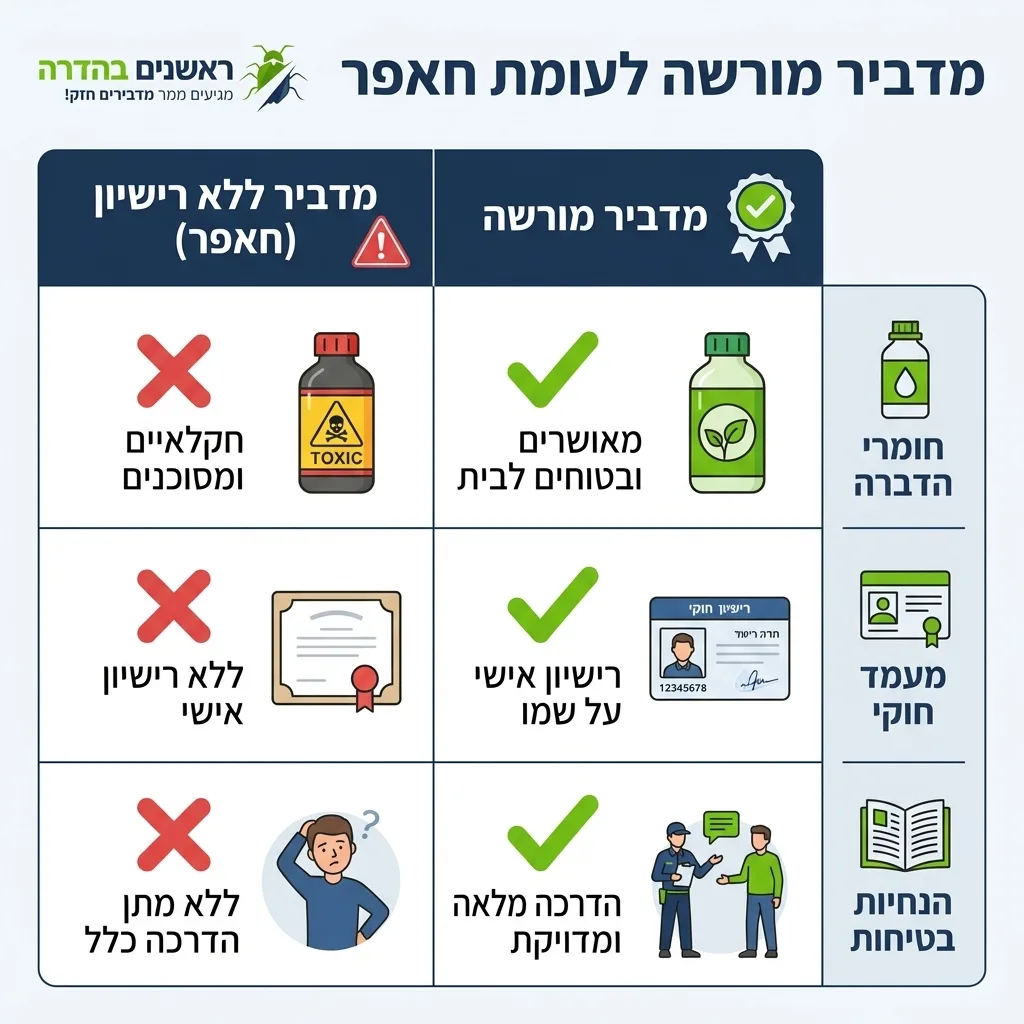 אינפוגרפיקה — מדביר מורשה לעומת חאפר: השוואה בין מדביר מורשה, מדביר ללא רישיון