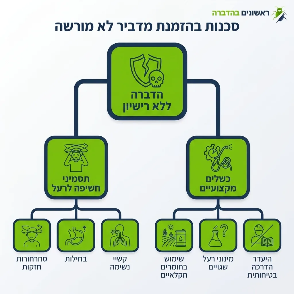 אינפוגרפיקה — סכנות בהזמנת מדביר לא מורשה: הדברה ללא רישיון