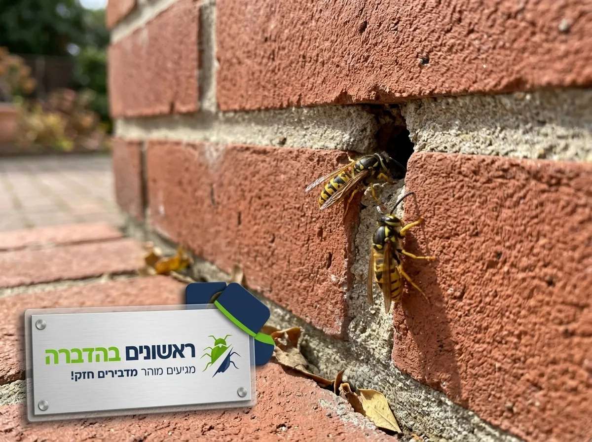 צילום ריאליסטי מחוץ לבית של חריץ קטן בקיר לבנים, כשתי צרעות צהובות-שחורות נראות נכנסות פנימה ויוצאות החוצה, באור יום בהיר.