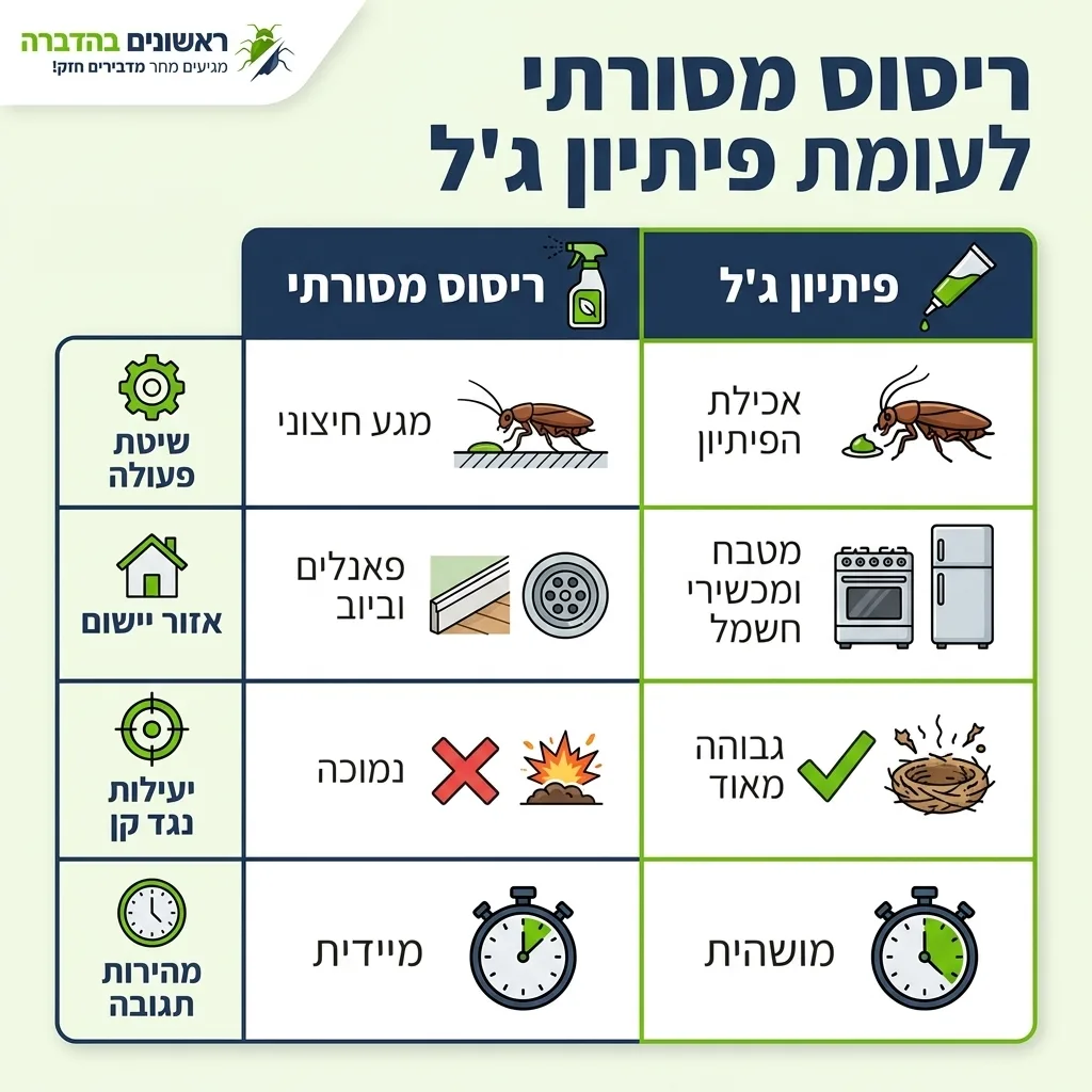 אינפוגרפיקה — ריסוס מסורתי לעומת פיתיון ג'ל: השוואה בין ריסוס מסורתי, פיתיון ג'ל