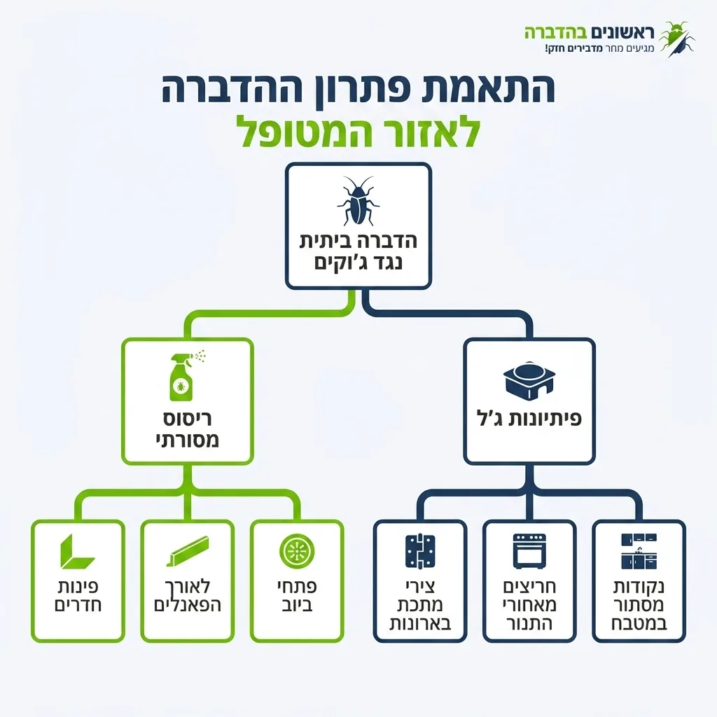 אינפוגרפיקה — התאמת פתרון ההדברה לאזור המטופל: הדברה ביתית נגד ג'וקים