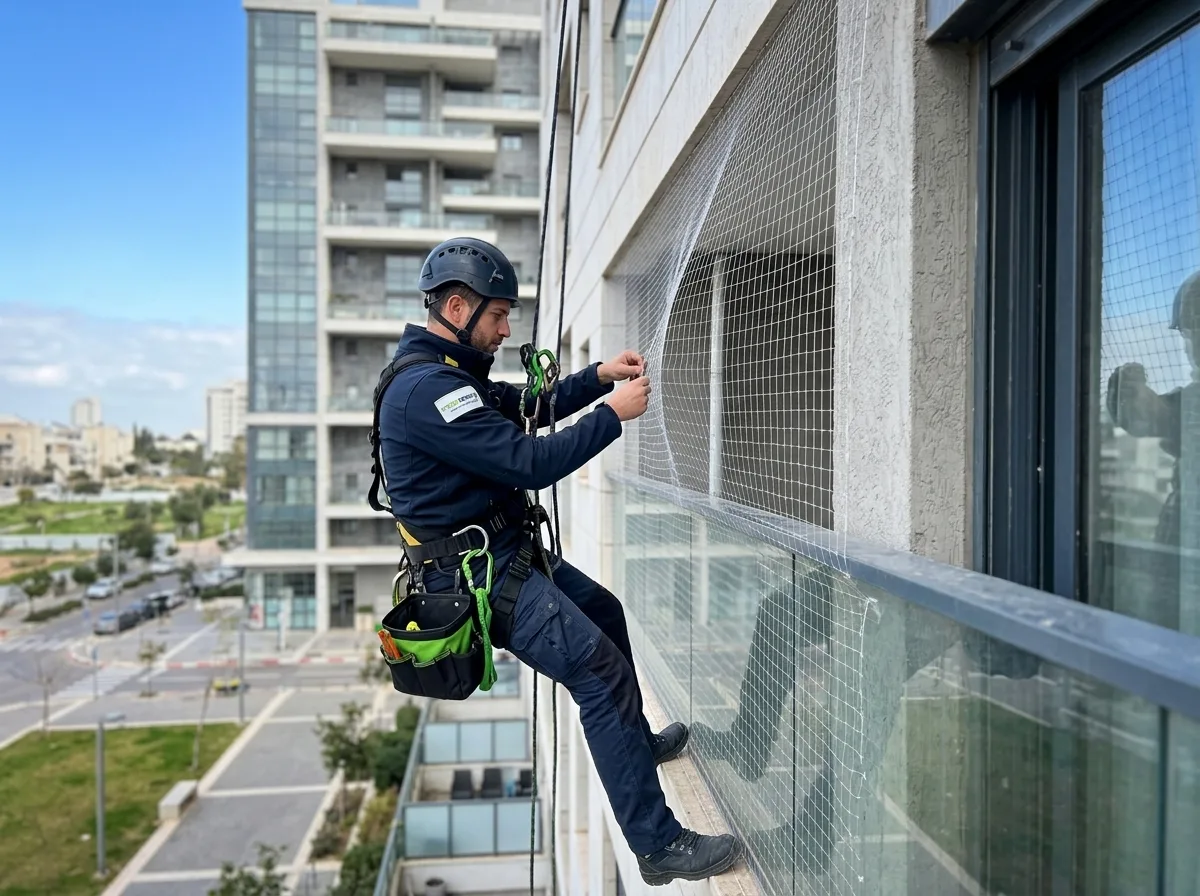 צילום איכותי של מתקין רשתות מוסמך עם רתמת סנפלינג בטיחותית, תולה רשת שקופה על פתח חיצוני של בניין מגורים מודרני