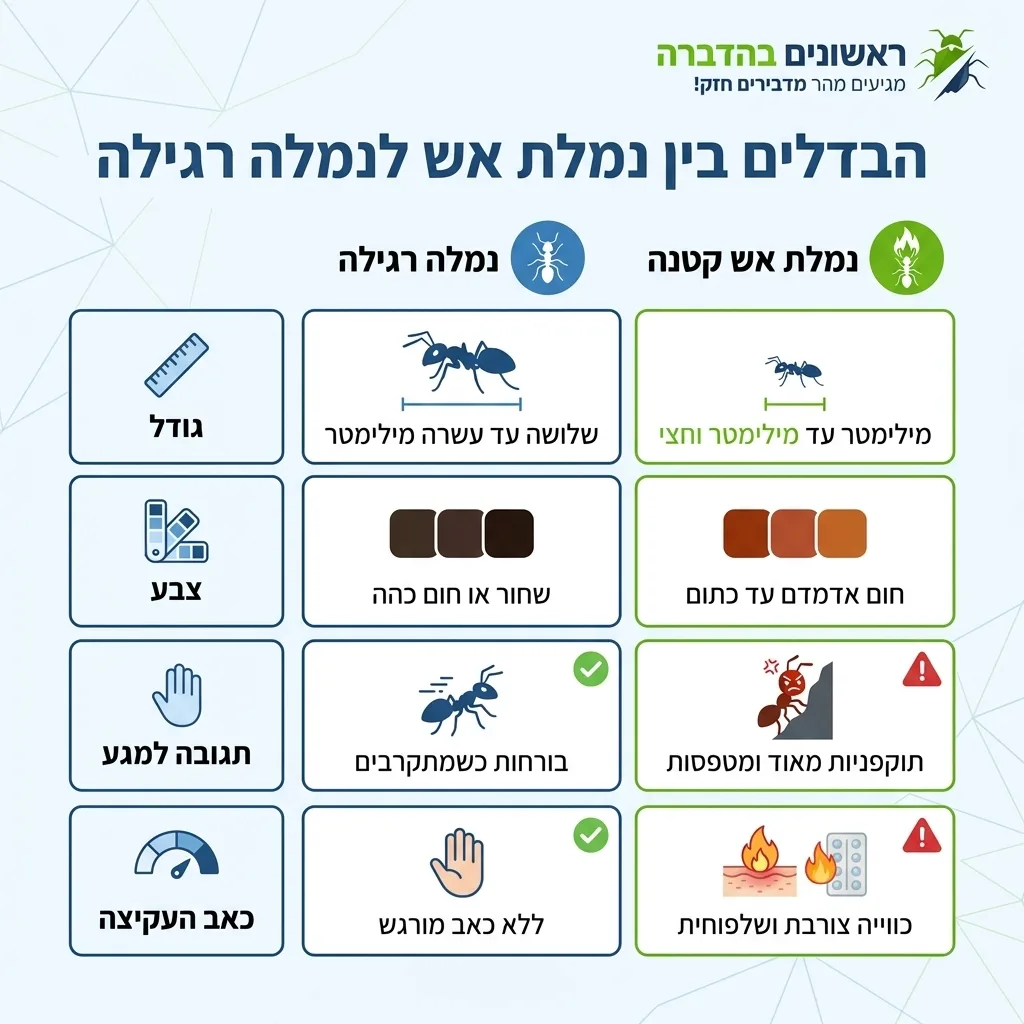 אינפוגרפיקה — הבדלים בין נמלת אש לנמלה רגילה: השוואה בין נמלה רגילה, נמלת אש קטנה