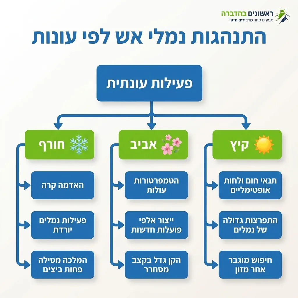 אינפוגרפיקה — התנהגות נמלי אש לפי עונות: פעילות עונתית