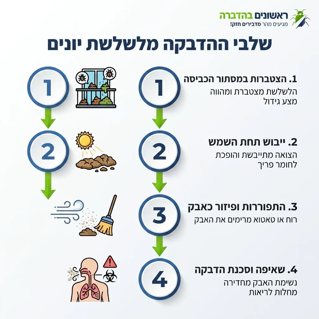 אינפוגרפיקה — שלבי ההדבקה מלשלשת יונים: הצטברות במסתור הכביסה, ייבוש תחת השמש, התפוררות ופיזור כאבק, שאיפה וסכנת הדבקה