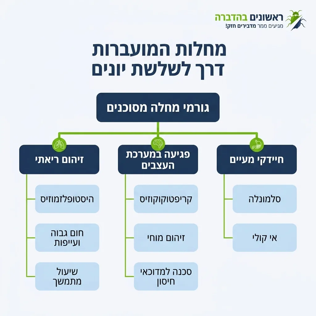 אינפוגרפיקה — מחלות המועברות דרך לשלשת יונים: גורמי מחלה מסוכנים