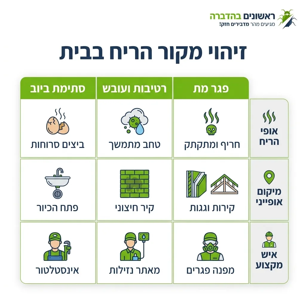 אינפוגרפיקה — זיהוי מקור הריח בבית: השוואה בין פגר מת, רטיבות ועובש, סתימת ביוב