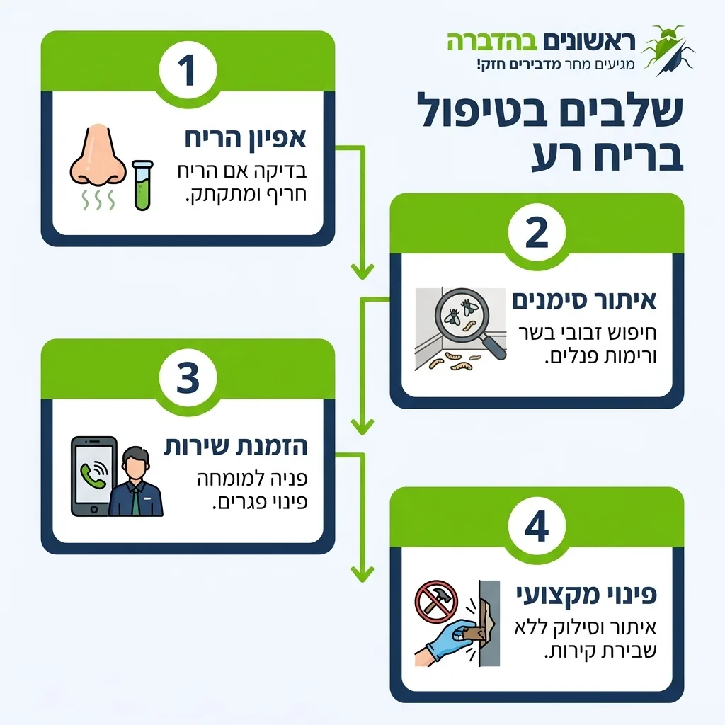 אינפוגרפיקה — שלבים בטיפול בריח רע: אפיון הריח, איתור סימנים, הזמנת שירות, פינוי מקצועי