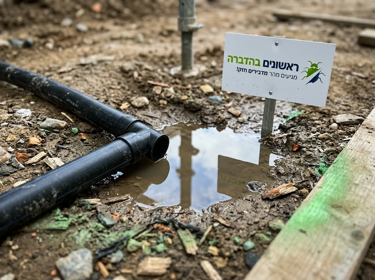 צילום תקריב של שלולית מים קטנה ליד צינור פלסטיק שחור באתר בנייה, הממחיש את סכנת המים העומדים
