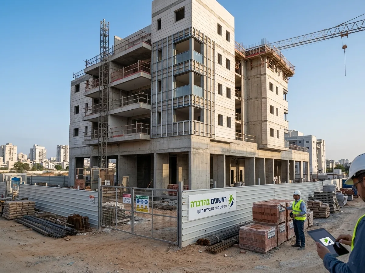 צילום מקצועי של בניין מגורים מודרני בבנייה באזור פתח תקווה, גדר אתר בנייה מסביב, חומרי בנייה מסודרים על הקרקע, שמיים בהירים ותאורה טבעית