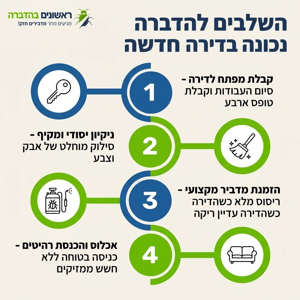 אינפוגרפיקה — השלבים להדברה נכונה בדירה חדשה: קבלת מפתח לדירה, ניקיון יסודי ומקיף, הזמנת מדביר מקצועי, אכלוס והכנסת רהיטים