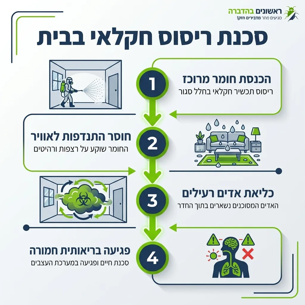 אינפוגרפיקה — סכנת ריסוס חקלאי בבית: הכנסת חומר מרוכז, חוסר התנדפות לאוויר, כליאת אדים רעילים, פגיעה בריאותית חמורה