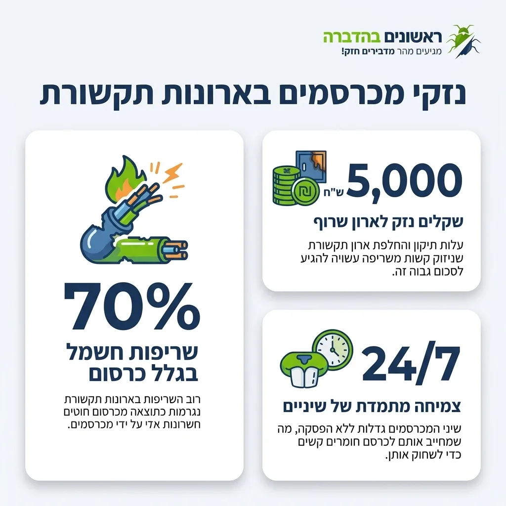 אינפוגרפיקה — נזקי מכרסמים בארונות תקשורת: שריפות חשמל בגלל כרסום, שקלים נזק לארון שרוף, צמיחה מתמדת של שיניים