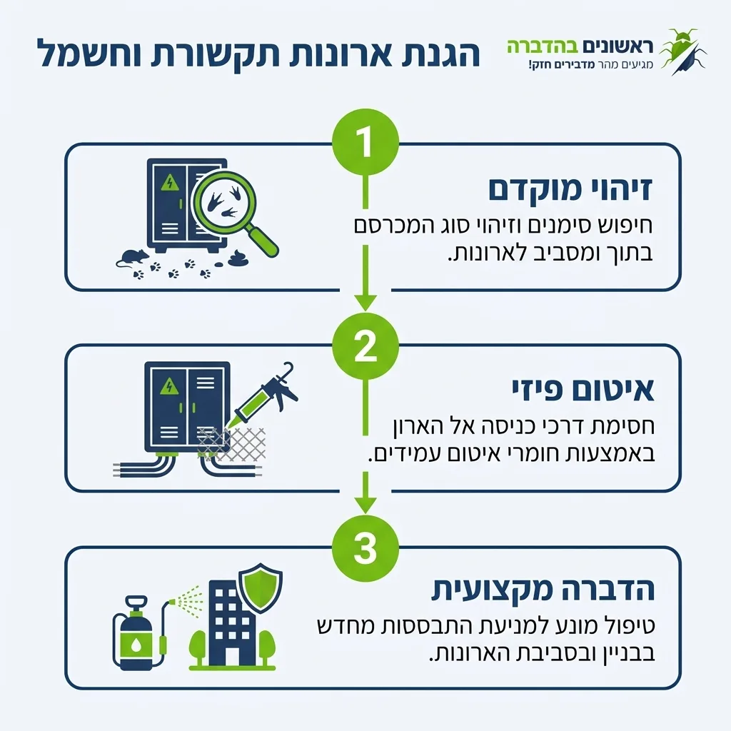 אינפוגרפיקה — הגנת ארונות תקשורת וחשמל: זיהוי מוקדם, איטום פיזי, הדברה מקצועית