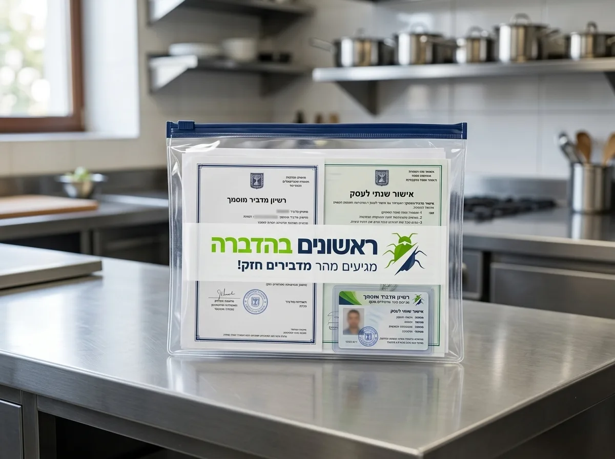 צילום ריאליסטי פוקוס חד של תיק פלסטיק מסודר מונח על דלפק נירוסטה במטבח מסעדה, בתוכו דפים ורישיונות של חברת הדברה, תאורה טבעית חזקה