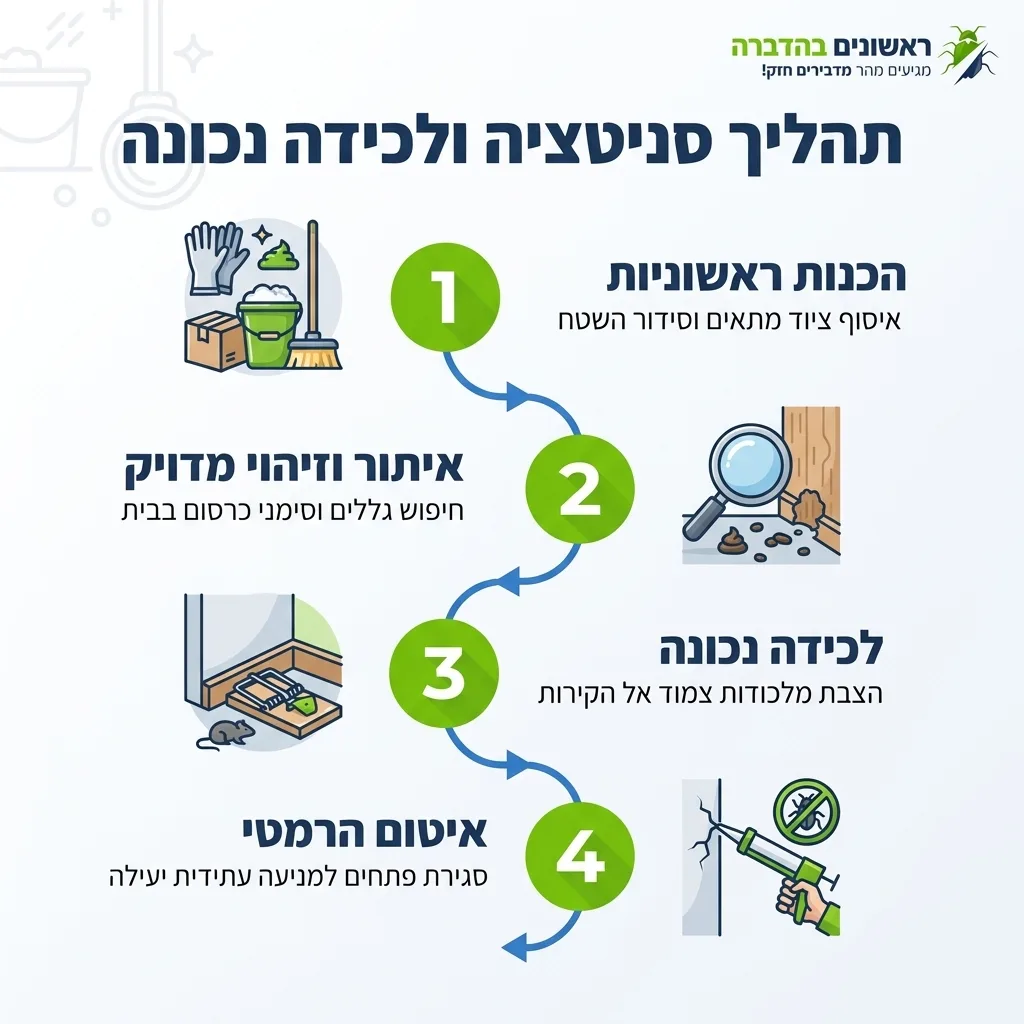 אינפוגרפיקה — תהליך סניטציה ולכידה נכונה: הכנות ראשוניות, איתור וזיהוי מדויק, לכידה נכונה, איטום הרמטי