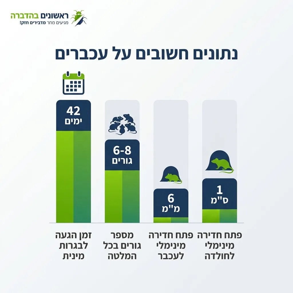 אינפוגרפיקה — נתונים חשובים על עכברים: זמן הגעה לבגרות מינית, מספר גורים בכל המלטה, פתח חדירה מינימלי לעכבר, פתח חדירה מינימל