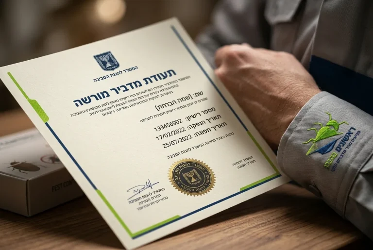 תקריב של תעודת מדביר מורשה מהמשרד להגנת הסביבה עם חותמת רשמית
