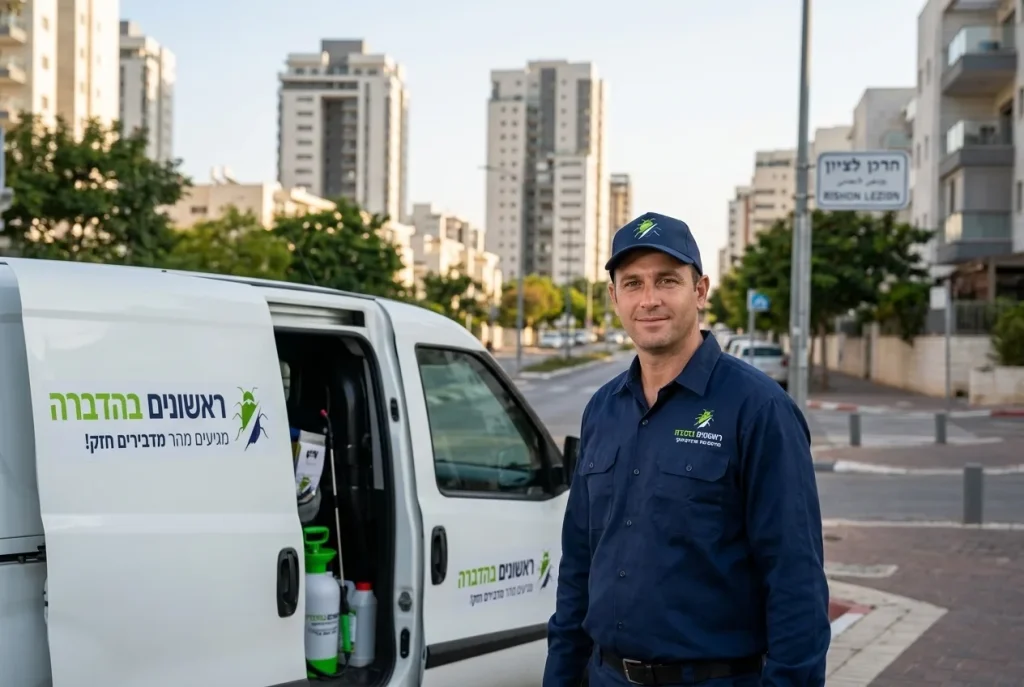 נוף עירוני של ראשון לציון עם פוקוס על מדביר מקצועי העומד ליד רכב השירות