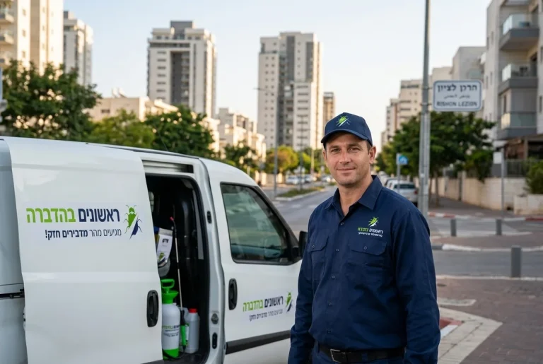 נוף עירוני של ראשון לציון עם פוקוס על מדביר מקצועי העומד ליד רכב השירות