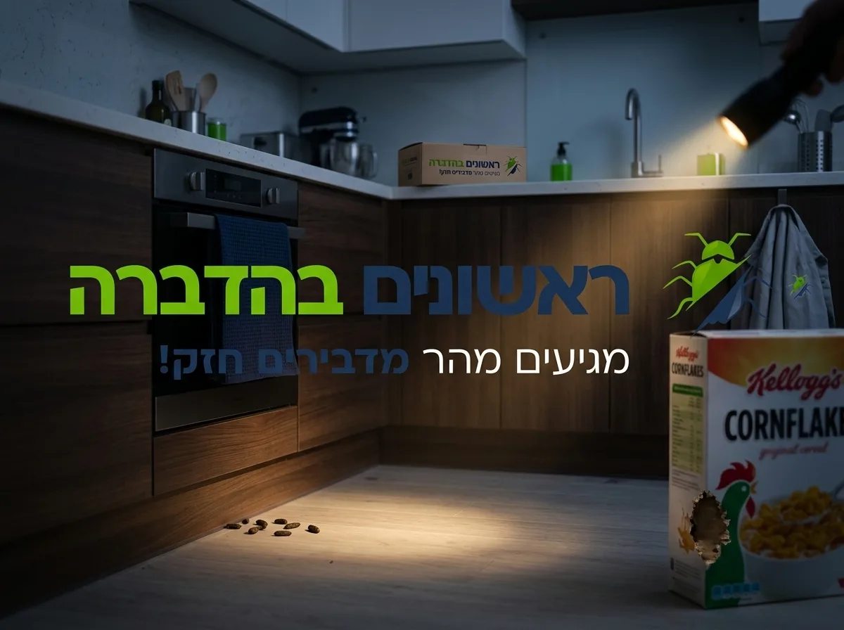 צילום מקצועי וריאליסטי של מטבח ביתי בלילה, פנס מאיר על גללים קטנים ליד פאנל הרצפה וקופסת קורנפלקס מכורסמת בפינה