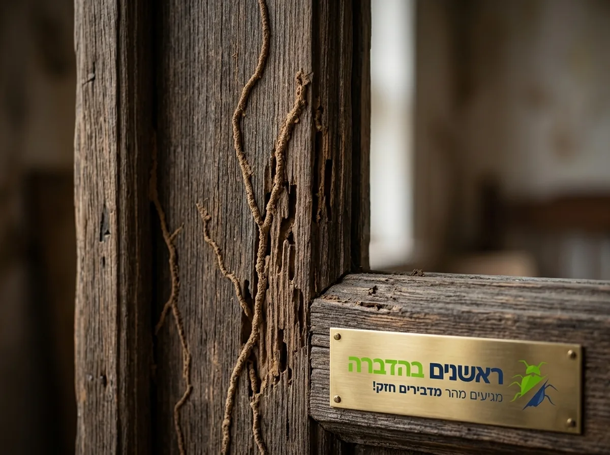 צילום תקריב פוטו-ריאליסטי של משקוף עץ ישן עם סימני כרסום מובהקים ותעלת בוץ חומה דקה של טרמיטים המטפסת עליו, תאורה טבעית חדה על הטקסטורה של העץ