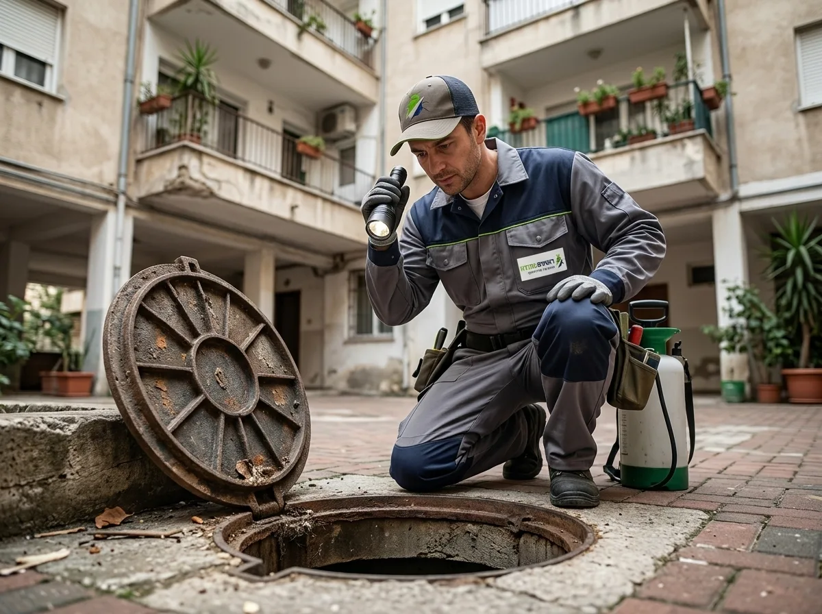 צילום ריאליסטי של מדביר בחליפת עבודה מקצועית מאיר עם פנס לתוך פתח ביוב פתוח בחצר בניין בבת ים, תאורת יום טבעית, רמת פירוט גבוהה.