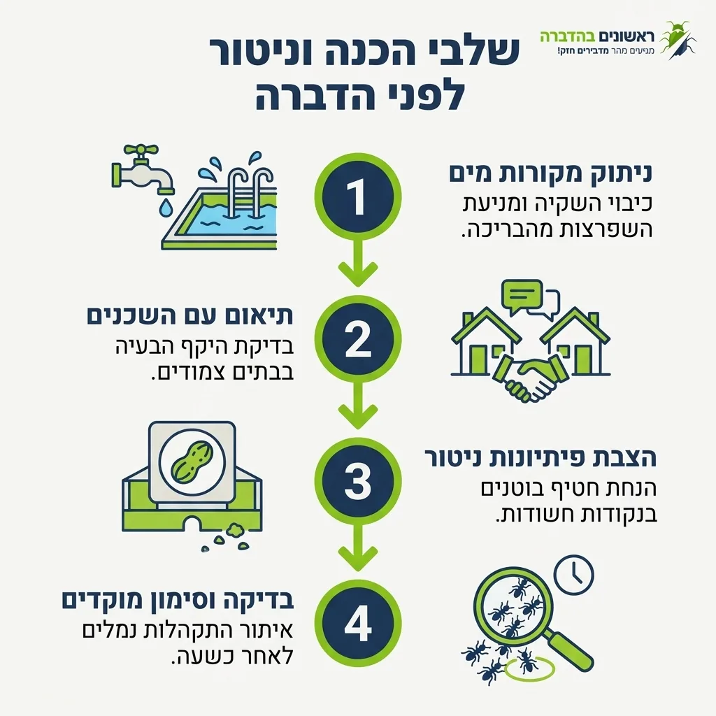 אינפוגרפיקה — שלבי הכנה וניטור לפני הדברה: ניתוק מקורות מים, תיאום עם השכנים, הצבת פיתיונות ניטור, בדיקה וסימון מוקדים