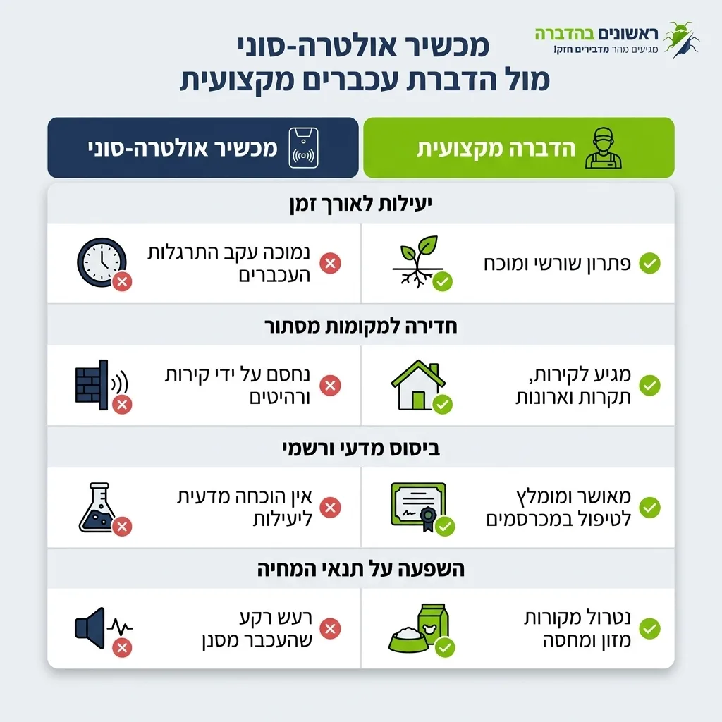 אינפוגרפיקה — מכשיר אולטרה-סוני מול הדברת עכברים מקצועית: השוואה בין מכשיר אולטרה-סוני, הדברה מקצועית