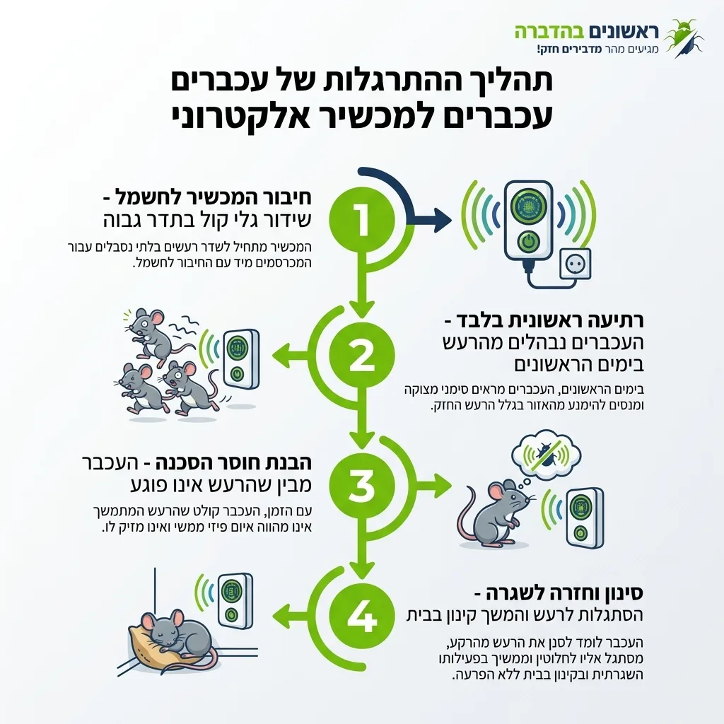 אינפוגרפיקה — תהליך ההתרגלות של עכברים למכשיר אלקטרוני: חיבור המכשיר לחשמל, רתיעה ראשונית בלבד, הבנת חוסר הסכנה, סינון וחזרה 