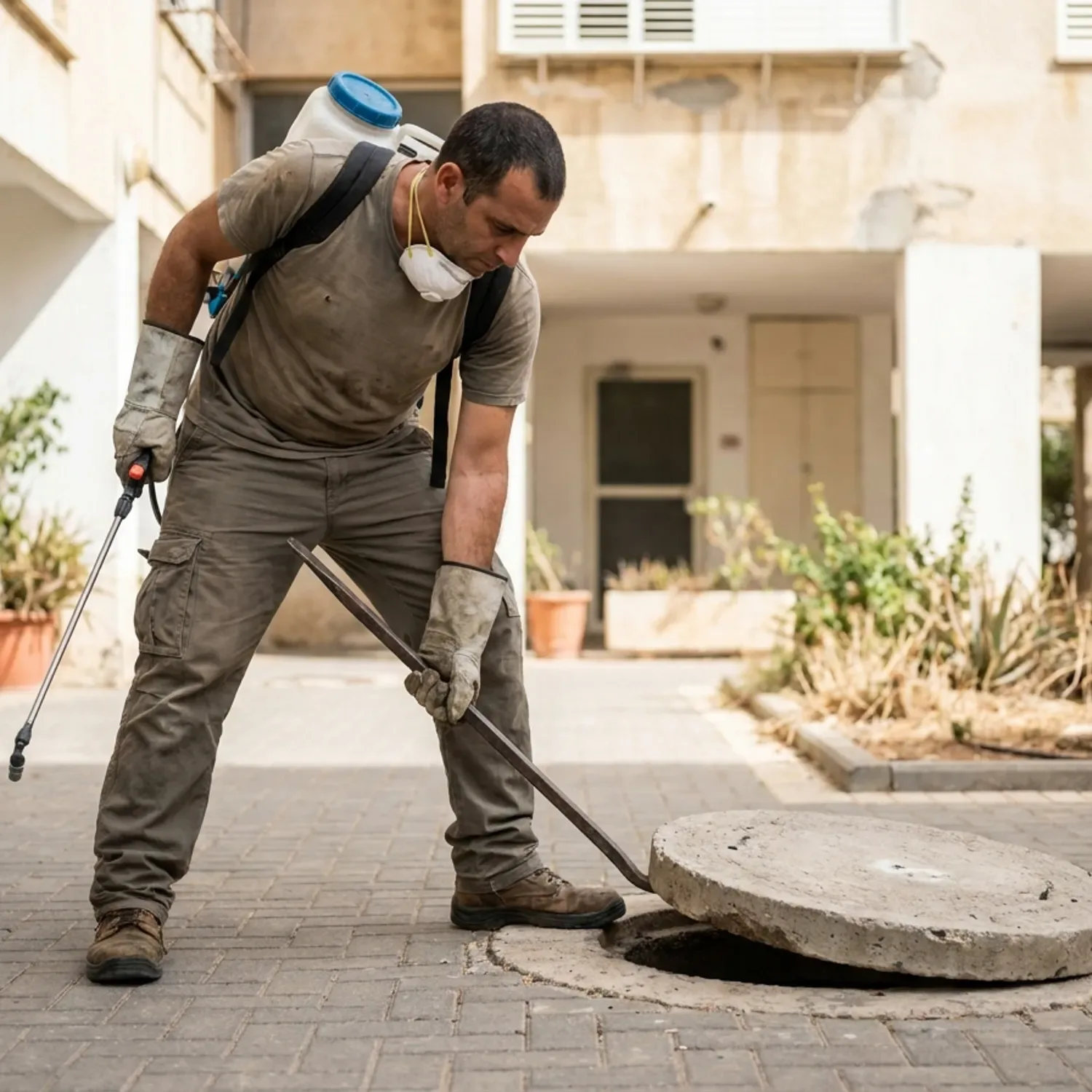 צילום מציאותי של מדביר ישראלי בלבוש עבודה יומיומי וכפפות מגן, מרים באמצעות מוט ברזל מכסה ביוב מבטון בחצר של בניין מגורים משותף בישראל באור יום טבעי, ומרסס פנימה עם מרסס מקצועי