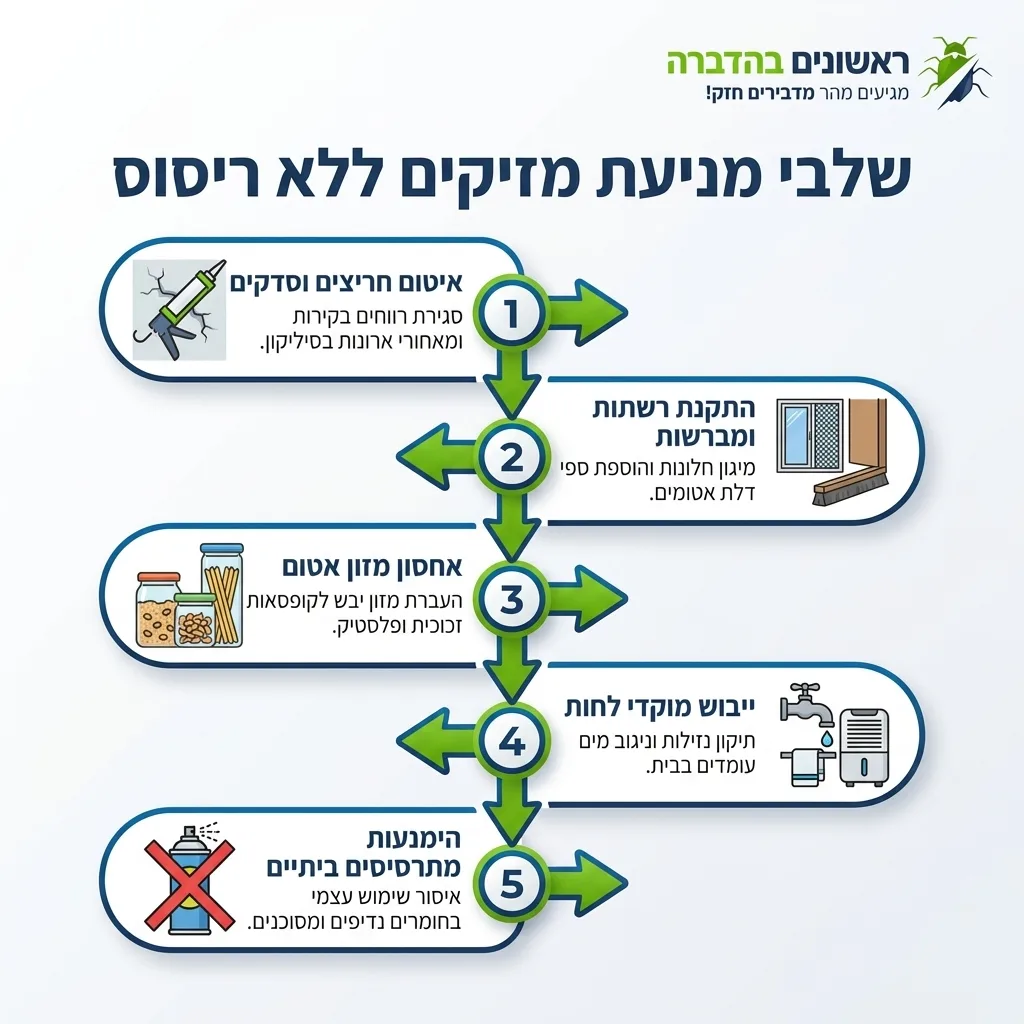 אינפוגרפיקה — שלבי מניעת מזיקים ללא ריסוס: איטום חריצים וסדקים, התקנת רשתות ומברשות, אחסון מזון אטום, ייבוש מוקדי לחות, הימנע